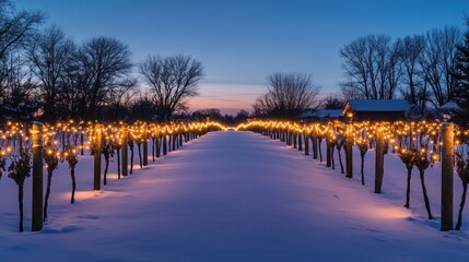 Poster - Serene Winter Landscape with Glowing String Lights Illuminating Snow-Covered Vineyard Rows at Dusk Near Tranquil Rural Setting