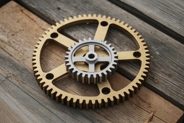 Aufkleber - Interlocking gears resting on rustic wooden planks symbolizing industrial collaboration