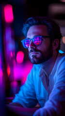Aufkleber - A man with glasses reflecting colorful lights, deep in thought in a vibrant setting.