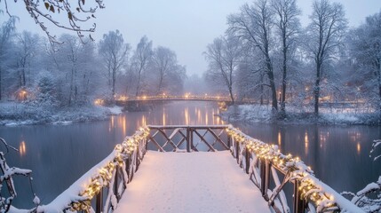 Poster - Serene Winter Landscape Featuring Snow-Covered Bridge with Twinkling Lights Over Calm Water Surrounded by Frosty Trees in a Tranquil Setting