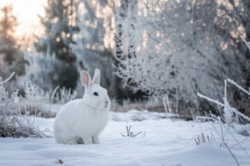 Wall Mural - White rabbit enjoying winter wonderland in snowy forest