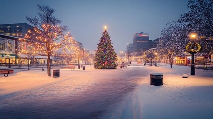 Poster - Serene Winter Wonderland with Snowy Path, Colorful Christmas Tree, and Glowing Lights in Urban Setting at Dusk