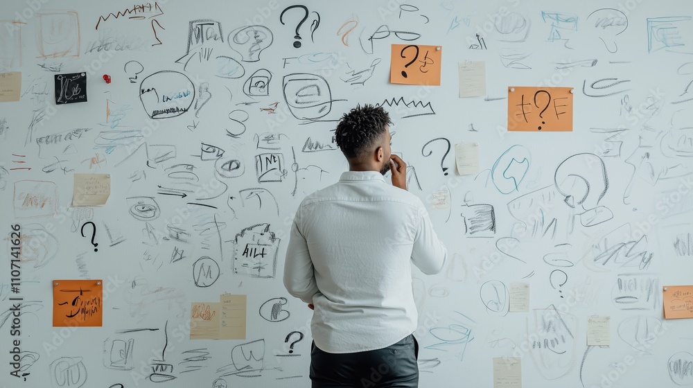 Questionable Pose Man in thoughtful pose facing a wall covered with sketches, doodles ...