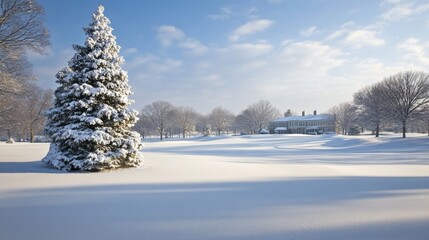 Wall Mural - Serene Winter Landscape with Snow-Covered Trees and a Majestic House in a Peaceful Setting Under a Clear Blue Sky