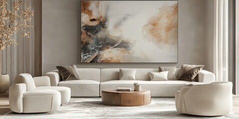 Wall Mural - A modern living room with a large abstract painting on the wall, with soft colors complementing the furniture.