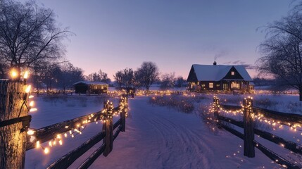 Poster - Peaceful Winter Landscape Featuring a Cozy Cabin Adorned with String Lights Surrounded by Snow-Covered Trees at Dusk in a Picturesque Setting