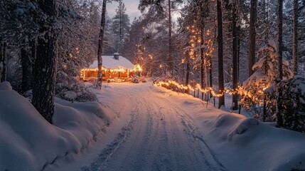 Poster - Cozy Winter Cabin Surrounded by Snowy Forest and Twinkling Lights in a Serene Holiday Atmosphere at Dusk