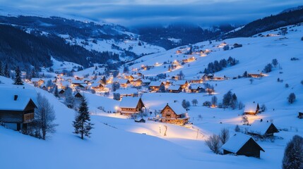 Poster - Serene Winter Village Landscape at Dusk with Snow-Covered Hills, Twinkling Lights, and Majestic Mountains in a Peaceful and Idyllic Setting