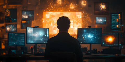 Aufkleber - A person sits before multiple screens, illuminated by vibrant visuals and data displays.