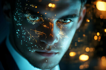 Poster - A close-up of a man's face with digital effects representing technology and data.