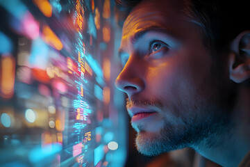 Poster - A man gazes intently at vibrant digital data projections.