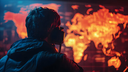 Aufkleber - A person observing a glowing world map, possibly analyzing data or global information.
