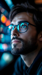 Aufkleber - a thoughtful young man gazes upward, illuminated by colorful lights in a dark environment.