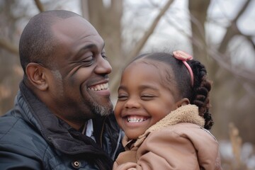 black family outside. african american father laughing and bonding with his cheerful daughter