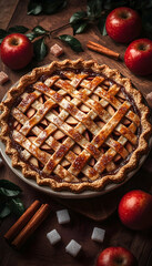 Delicious apple pie with lattice crust, surrounded by apples, cinnamon sticks, and sugar cubes on a wooden surface.