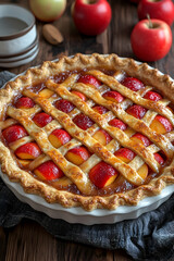 Wall Mural - Delicious homemade apple pie with lattice crust, freshly baked in a white pie dish, surrounded by apples and cinnamon.