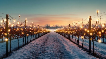 Poster - Serene Winter Vineyard at Sunset Illuminated with Fairy Lights, Capturing the Tranquility of Nature's Beauty in a Snow-covered Landscape