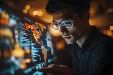 Poster - A young man interacts with a digital map, showcasing data visualization and technology use.