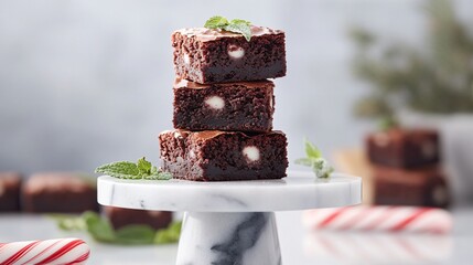 Wall Mural - Peppermint brownies stacked on a marble stand, surrounded by candy canes and sprigs of fresh mint