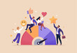 © nadzeya26 - Employee Engagement Concept. Vector cartoon illustration in flat style of diverse businesspeople holding satisfaction and joy emojis in their hands against a positive-scale background.