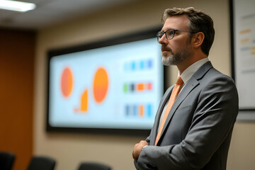 Poster - A professional man stands in a meeting room, with charts displayed on a screen behind him.