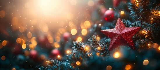 Wall Mural - spruce tree and stars, christmas tree garland close up, bokeh lights background. merry christmas and
