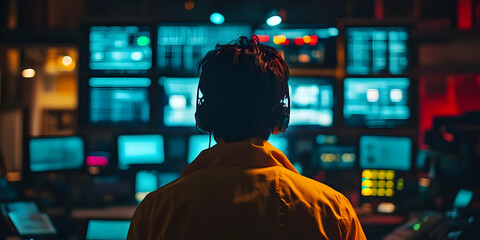 Aufkleber - A person in a headset stands before multiple screens in a control room, focused on operations.