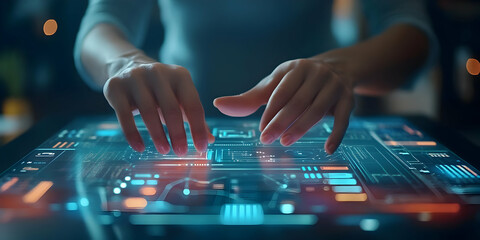 Fototapete - Hands interacting with a futuristic touchscreen interface displaying digital data.