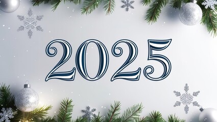 Wall Mural - White numbers 2025 on a white background, surrounded by fir branches, New Year 2025 banner