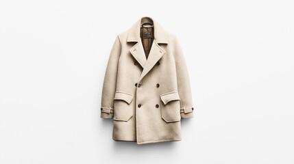 beige wool double-breasted coat with large lapels and pockets on front, displayed on a plain white b