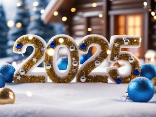 Wall Mural - Numbers 2025, white with gold, decorated with New Year's decor, New Year 2025, house in a snowy forest in the background