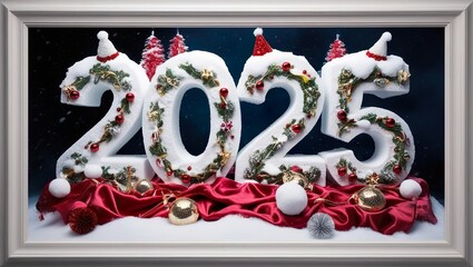 Wall Mural - New Year banner 2025, white numbers 2025 in festive New Year decor