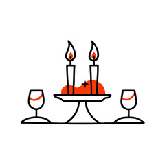 Candlelit dinner setup with candles, wine glasses, and a heart on a plate in a minimalist line art style