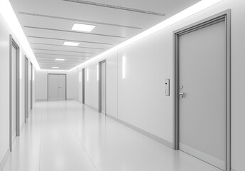 Wall Mural - a white, empty hallway with doors on the right side and lights in the ceiling. Abstract, minimalistic interior design of a modern, clean office or museum hall