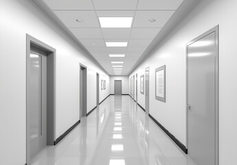 Wall Mural - Abstract white corridor with doors and lights, a minimalistic interior design of the hall in an office, museum, or gallery