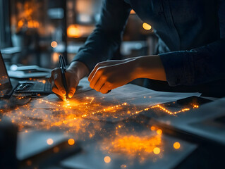 Aufkleber - A person sketches a glowing graph on paper, surrounded by a modern workspace ambiance.