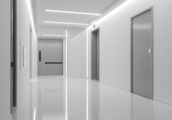 Wall Mural - Abstract white corridor with doors and lights, a minimalistic interior design of the hall in an office, museum, or gallery