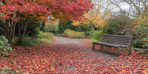 Wall Mural - A vibrant autumn park background with a tree-lined path covered in red and orange leaves. A wooden bench sits to the side, surrounded by colorful foliage. The setting feels cozy and nostalgic, ideal