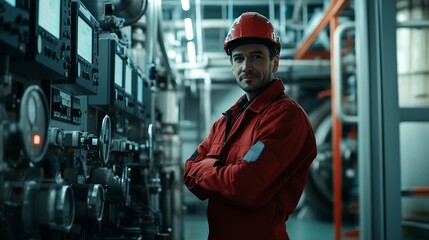 Poster - A worker in a red uniform and helmet stands in an industrial setting.