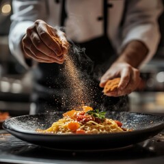 Fototapete - Professional cook in uniform add some spices to dish, decorating delicious meal for guests in hotel restaurant. food, cooking concept