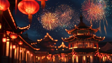 Vibrant fireworks illuminate a traditional Asian landscape adorned with red lanterns at night.