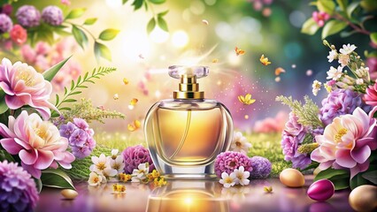 Wall Mural - The Art of Perfume: A Stylish Pinkish Illustration Featuring Elegant Perfume Bottles and Flowers with Generative AI Creating a Dreamy Sentiment of Fragrance and Beauty