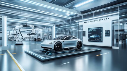 Poster - Futuristic workshop showcasing an electric vehicle and robotic technology.