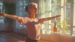 © Johannes - Happy and healthy senior woman doing a cross arm stretch in a peaceful yoga session at home