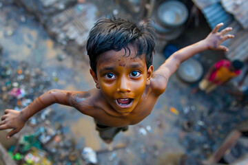 a young indian boy jumps with wonder, his eyes wide with amazement as he discovers the thrill of def