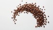 © Pat J. - Coffee beans scattered in a crescent shape on a white background, emphasizing motion