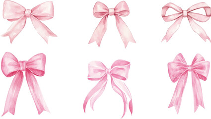 Watercolor pink ribbon frame with bow clip art set white background