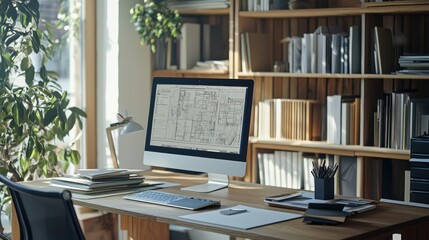 Wall Mural - A minimalist architect office setup featuring a large desk, computer, and design books neatly arranged