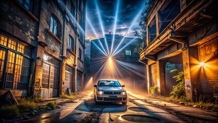 Naklejka na meble Urban Exploration: Car Headlights Piercing the Darkness in a Mysterious Urban Landscape at Night