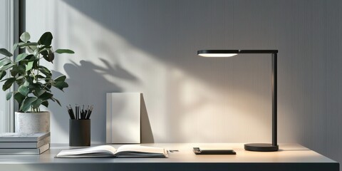 Wall Mural - a modern table lamp mockup with a sleek design placed on a minimalist desk, surrounded by office sup